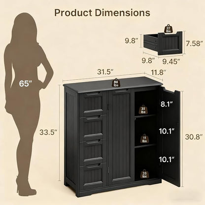 Gizoon Wooden Bathroom Floor Cabinet, Side Storage Organizer Cabinet | Bathroom Storage Cabinet with 4 Drawers & 2 Doors, Adjustable Shelf, Anti-tipping, for Entryway, Living/Dining Room, Black