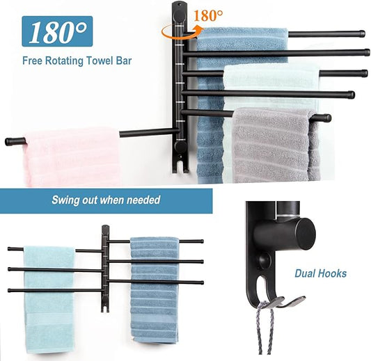 Matte Black 6 - Arm Stainless Steel Swivel Towel Rack with Hook: Wall - Mounted, Rustproof Space - Saver for Bathroom & Kitchen - 180° Rotation, 14kg Capacity
