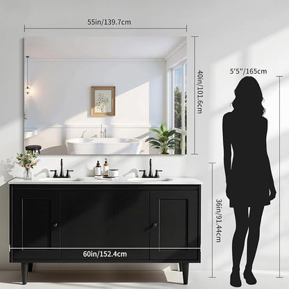KOCUUY Large Frameless Mirror, 55"x40" Bathroom Mirror for Over Sink, Upgraded Shatterproof, Large Rectangle Unframed Mirror for Wall, Bedroom, Living Room, Entryway, Hang Horizontal/Vertical