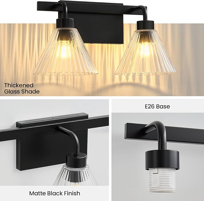 AIJIASI Bathroom Vanity Light 2-Light Modern Black Bathroom Light Fixtures Over Mirror with Ribbed Glass Shade, 16 Inch Vanity Lighting Fixtures for Bedroom Living Room Hallway