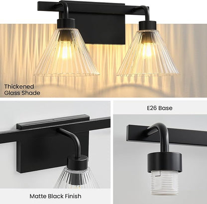 AIJIASI Bathroom Vanity Light 2-Light Modern Black Bathroom Light Fixtures Over Mirror with Ribbed Glass Shade, 16 Inch Vanity Lighting Fixtures for Bedroom Living Room Hallway