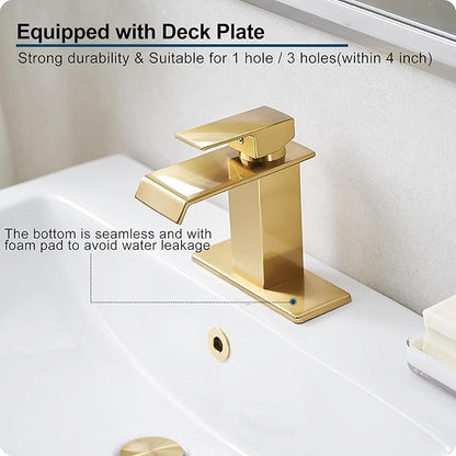 Gold Bathroom Faucet Single Handle, Brass Waterfall Bathroom Faucet, 4 Inch Bathroom Faucets 1 Hole or 3 Holes Bathroom Sink Faucets with Deck Plate & Pop-Up Drain for Public Sinks No Splashing