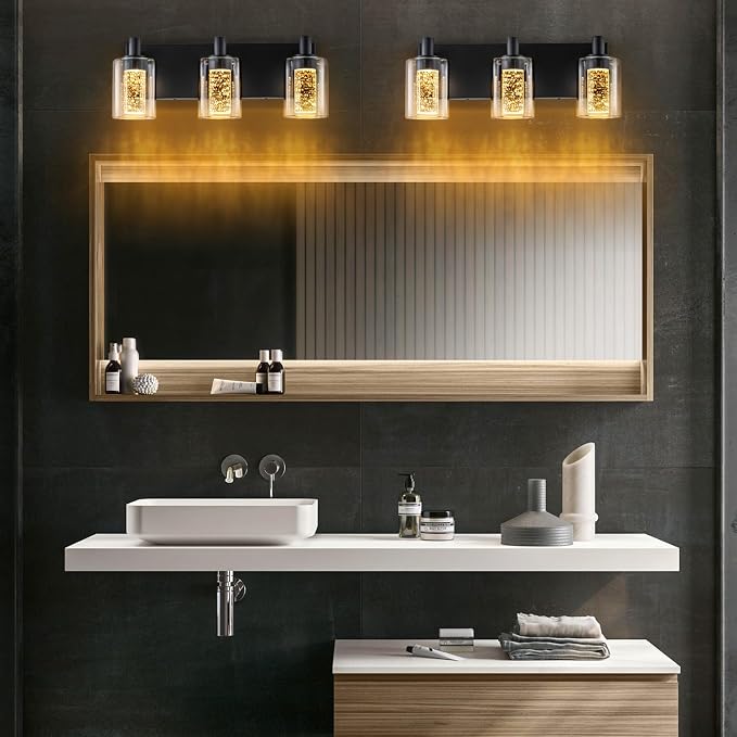 SineRise Vanity Light with 3 Color Modes (3000K/4000K/6000K), Eye Protection LED Bathroom Light Fixture, Dimmable Modern Wall Light Over Mirror with Clear Glass Shade (Black, 3-Light)