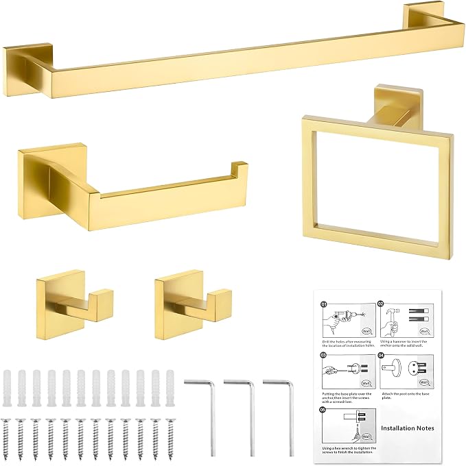 5-Piece Brushed Gold Bathroom Hardware Set - Hand Towel Bar, Toilet Paper Holder, Towel Ring & Rack