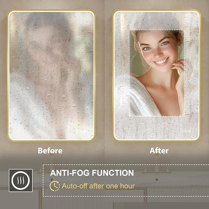 LED Mirror for Bathroom 28X36 Inch Gold Framed with Anti-Fog, Stepless Dimmable, Front Lit, LED Bathroom Vanity Mirror for Wall, Memory Function, Shatter-Proof