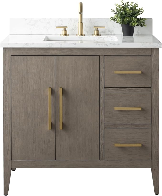 Vanity Art 36 inch Bathroom Vanity with Single Sink & Ceramic Top, Vanity Cabinet with Soft-Closing Doors, Drawers, Solid Wood Frame, Driftwood Gray, VA9036-DG-GB1