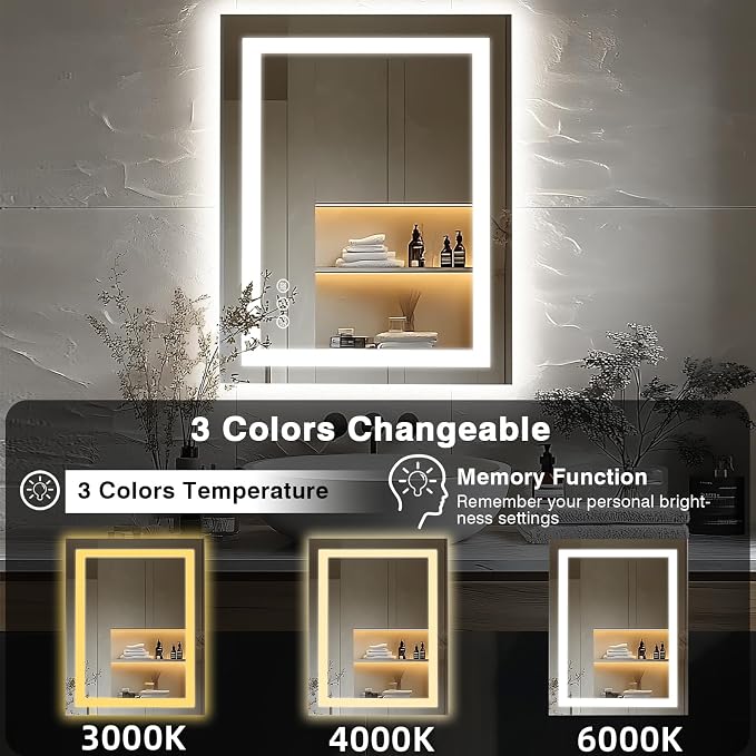 EchosLife 24"x36" LED Bathroom Mirrors for Wall | Backlit + Front Lit, Anti-Fog, Stepless Dimmable, 3 Colors, Memory, Tempered Glass, UL Listed, Horizontal/Vertical