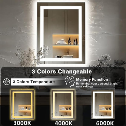 EchosLife 24"x36" LED Bathroom Mirrors for Wall | Backlit + Front Lit, Anti-Fog, Stepless Dimmable, 3 Colors, Memory, Tempered Glass, UL Listed, Horizontal/Vertical