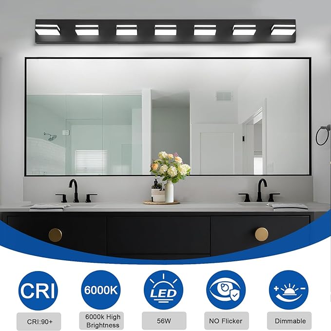 IZORRO LED Modern Bathroom Lights Fixtures(7-Light,Dimmable),Matte Black Acrylic Wall Lighting,Vanity Lights for Bathroom Over Mirror - 6000k 40In （No Assembly Required）