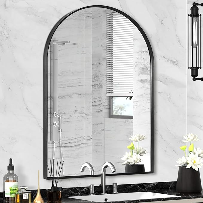Black Arched Mirror 24x32in, Metal Framed Bathroom Vanity Wall | Tempered Glass, Shatter Proof, Living Room Bedroom Entryway, Modern Elegant Design