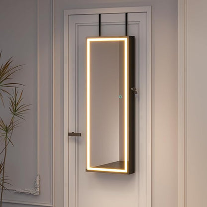 LVSOMT Wall Mounted Jewelry Organizer with Full Length Mirror, 42.5" Black | Over the Door Mirror with Storage, Lockable Jewelry Cabinet for Earring Ring Necklace, Large Capacity, Gift for Women