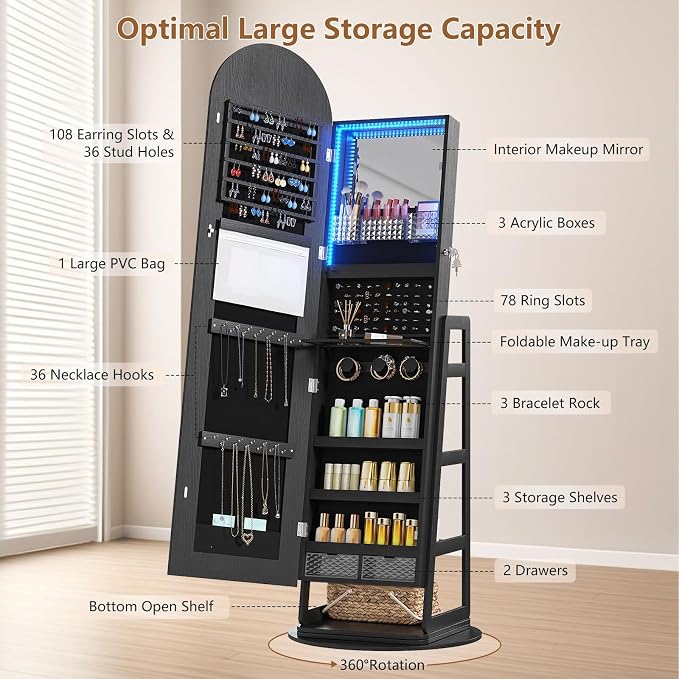 HWB Arched LED Jewelry Cabinet with Full-Length Mirror & Storage Shelves