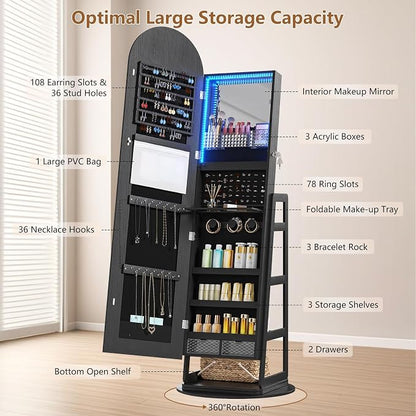 HWB Arched LED Jewelry Cabinet with Full-Length Mirror & Storage Shelves