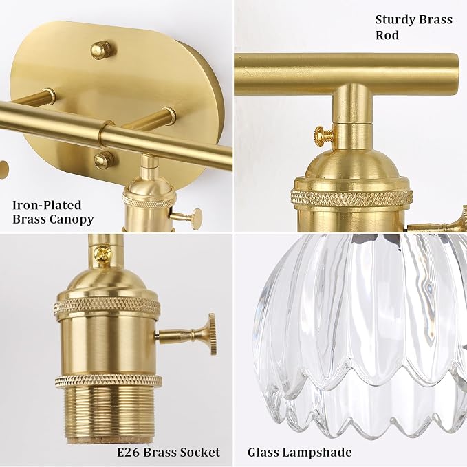 Shenmoyl Bathroom Light Fixtures, 4-Light Brass Vanity wall Light Over Mirror with Clear Tulip Glass Shade for Bedroom Living Room (Bulb Not Included)