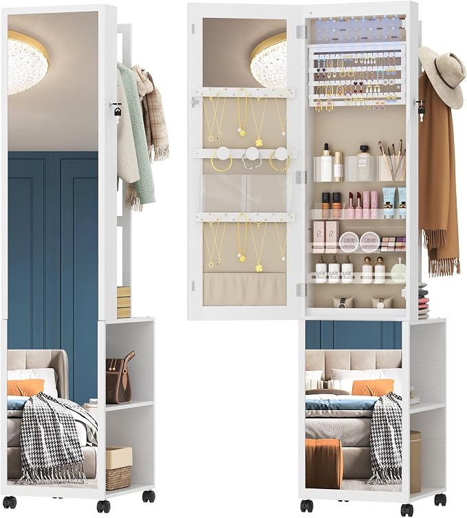 Hzuaneri 8 LEDs Jewelry Cabinet Armoire, 66.9-inch Jewelry Organizer | Lockable Full-length Mirror with Garment Rack & 4 Wheels, Storage Shelves with Hooks, 5-in-1, White and Beige JC17003BE