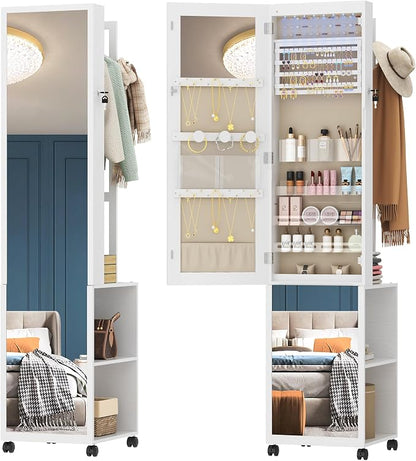 Hzuaneri 8 LEDs Jewelry Cabinet Armoire, 66.9-inch Jewelry Organizer | Lockable Full-length Mirror with Garment Rack & 4 Wheels, Storage Shelves with Hooks, 5-in-1, White and Beige JC17003BE