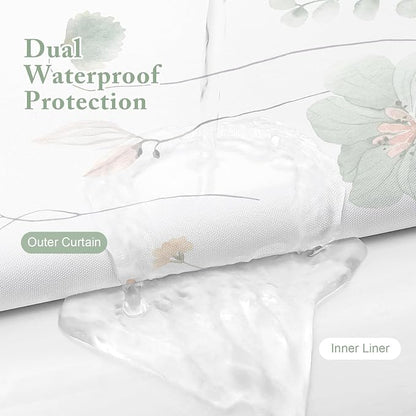 Extra Long 3 in 1 Shower Curtain Set, Watercolor Floral Bath Curtain and PEVA Liner Set with 12 Double Sided Steel Hooks, Modern Waterproof Fabric Bathroom Curtain 72x84, Sage Green