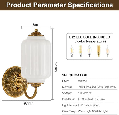 Milk Glass Sconce Set of 2 Vintage Vanity Sconces Bulb Included | Milk Glass Art Deco Antique Wall Sconce Wall Light for Bedroom Bathroom Living Room Entryway, Antique Retro and White 2 Pack