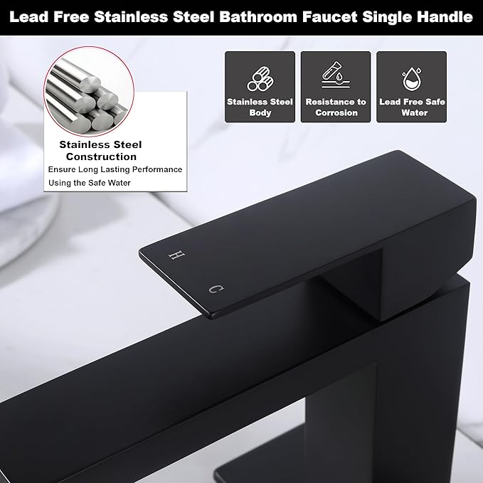 Black Faucet Bathroom, Stainless Steel Matte Black Bathroom Faucet Single Hole with Pop Up Drain, Single Handle Faucet AML-1141-BK