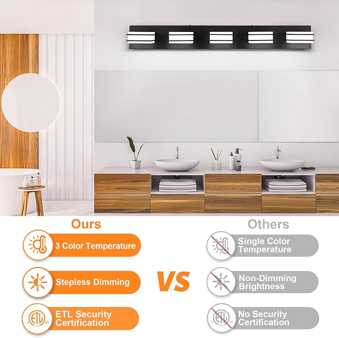 GOODATE 3 Color Temperature Dimmable Vanity Lighting Fixtures, LED Black 5 Light Bathroom Vanity Light Fixtures, Acrylic Stainless Steel Square Shade Vanity Lights for Bathroom, ETL Certificated