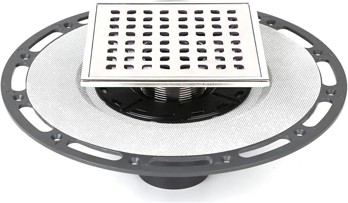 6-Inch Square Shower Drain Kit with Bonding Flange, Brushed Silver | Removable 304 stainless steel grate with hair strainer; fits 2- and 3-inch pipes for tiled shower floors and wet areas