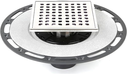 6-Inch Square Shower Drain Kit with Bonding Flange, Brushed Silver | Removable 304 stainless steel grate with hair strainer; fits 2- and 3-inch pipes for tiled shower floors and wet areas