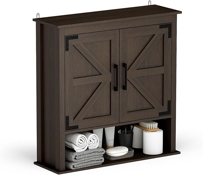 HollyHOME Bathroom Wall Cabinet, Farmhouse Barn Door Wood Medicine Cabinet with Adjustable Shelves, Wall-Mounted Over-The-Toilet Storage, Dark Brown
