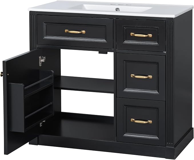 36" Bathroom Vanity with Ceramic Sink,Modern Freestanding Storage Cabinet w/Soft-Close Door and 2 Tip-Out & 2 Drawers,Undermount Single Basin Bath Vanity Set w/Adjustable Shelf,Black