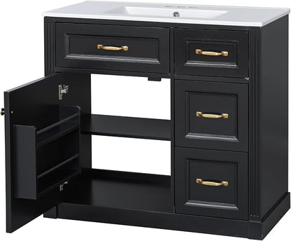 36" Bathroom Vanity with Ceramic Sink,Modern Freestanding Storage Cabinet w/Soft-Close Door and 2 Tip-Out & 2 Drawers,Undermount Single Basin Bath Vanity Set w/Adjustable Shelf,Black
