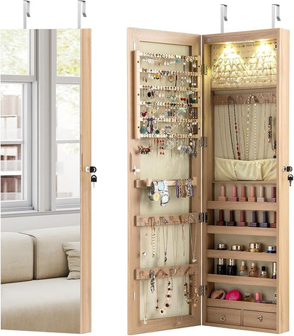 COSTWAY Wall Door Mounted Jewelry Armoire with 47.5" Full Length Mirror & 2 LED Lights, Large Storage Capacity, Lockable Mirror Jewelry Cabinet for Women Girls (Light Oak)