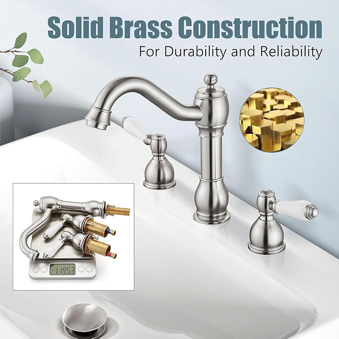 Aolemi 8 Inch Widespread Bathroom Sink Faucet 3 Hole Deck Mount Vanity Basin Mixer Tap with Pop Up Drain Assembly Brushed Nickel Double Ceramic Handle