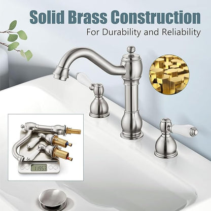 Aolemi 8 Inch Widespread Bathroom Sink Faucet 3 Hole Deck Mount Vanity Basin Mixer Tap with Pop Up Drain Assembly Brushed Nickel Double Ceramic Handle
