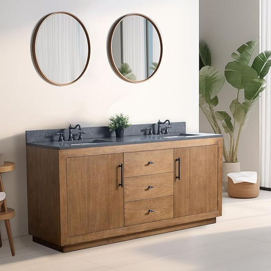 Vanity Art 72 inch Double Sink Bathroom Vanity, Vanity Cabinet with Doors and Shelf, Modern Wood Bathroom Vanity with Black Marble Top, Solid Wood Frame, 3 Functioning Drawers, VA70-72-DT-B