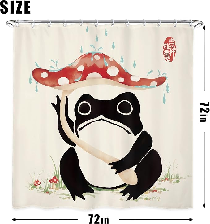 4PCS Funny Frog 71Wx71H Inches Mushroom Asian Grassland Japanese Shower Curtain Sets with Rugs, Toilet Lid Cover and Bath Mat, Traditional Bath Accessories Art Home Decor Fabric 12 Pack Hooks