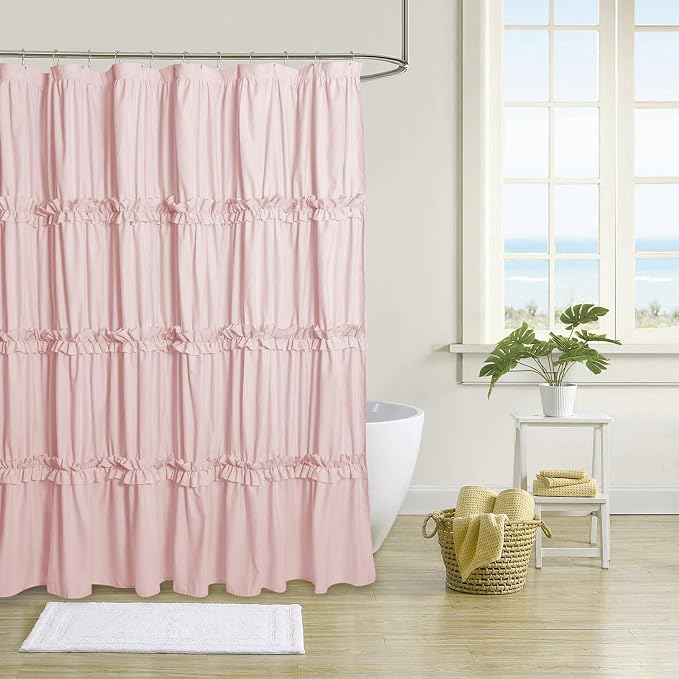 Farmhouse Ruffle Shower Curtain, Peach Pink, 72 x 72 in | Decorative Elegant Bathroom Curtain with 12 Holes, Soft Ruched Microfiber Fabric, Vintage Handmade Design