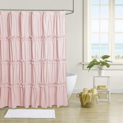 Farmhouse Ruffle Shower Curtain, Peach Pink, 72 x 72 in | Decorative Elegant Bathroom Curtain with 12 Holes, Soft Ruched Microfiber Fabric, Vintage Handmade Design