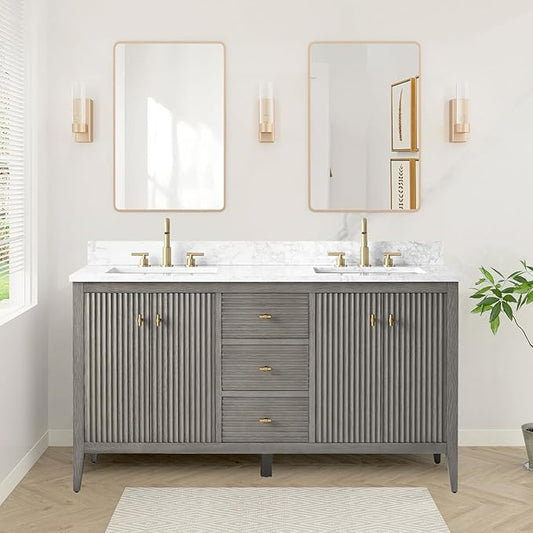 HOMEBEYOND 60" Bathroom Vanity with Double Sink, Solid Wood Bathroom Vanity Free-Standing Cabinet, Ceramic Top & Soft Closing Door, Golden Brushed Handware, Driftwood Gray
