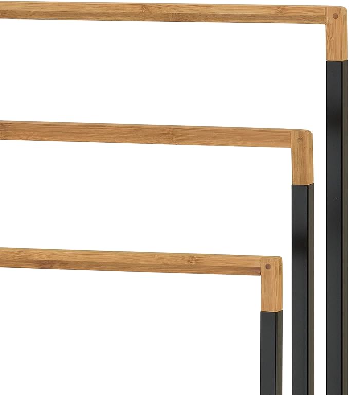 MyGift 33 Inch Standing Towel Rack, Freestanding Bath Towel Holder with 3 Tier Bamboo Wood Bar and Black Chrome Plated Metal, Drying Rack Stand for Bathroom, Laundry