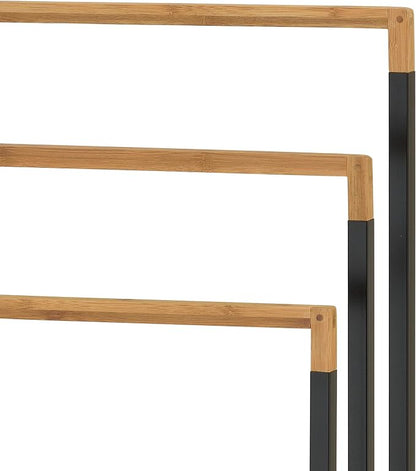 MyGift 33 Inch Standing Towel Rack, Freestanding Bath Towel Holder with 3 Tier Bamboo Wood Bar and Black Chrome Plated Metal, Drying Rack Stand for Bathroom, Laundry