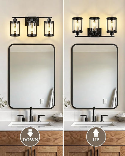 3-Light Black Bathroom Light Fixtures, 21 Inch Modern Bathroom Vanity Lighting Fixtures Over Mirror with Clear Glass and Metal Cage Wall Sconce Lights for Bath, E26, OS-3014BK-3W