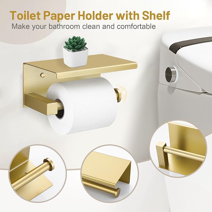 Lairuier Bathroom Hardware Set Brushed Gold, Towel Holder Set Wall Mounted | Bathroom Accessories Set, SUS304 Stainless Steel 23.6" Towel Bar, Toilet Paper Holder with Shelf, Towel Ring and Towel Hooks