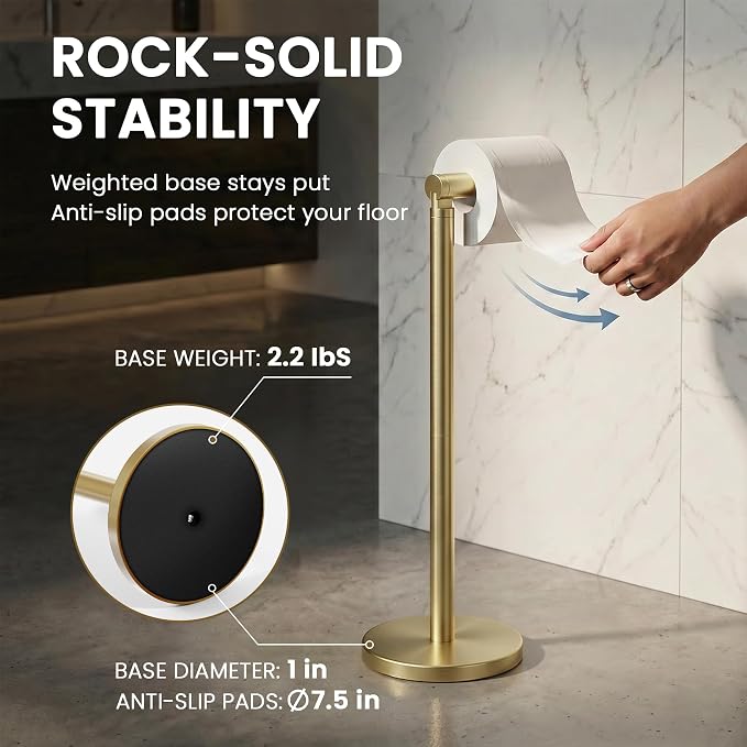 Cesun Free Standing Toilet Paper Holder Stand with Weighted Base, Gold | SUS304 Rustproof Steel | Thick Non-Slip Base | Swivel Pivot Design | Slim Footprint | Holds 5 Rolls
