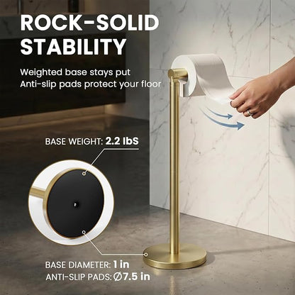 Cesun Free Standing Toilet Paper Holder Stand with Weighted Base, Gold | SUS304 Rustproof Steel | Thick Non-Slip Base | Swivel Pivot Design | Slim Footprint | Holds 5 Rolls