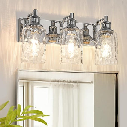 Bathroom Light Fixtures Over Mirror, 3 Lights Vanity Lights with Hammered Glass Shade, 17.8" Chrome Farmhouse Bathroom Light Fixtures for Bedroom, Porch, Hotel, Mirror Cabinet