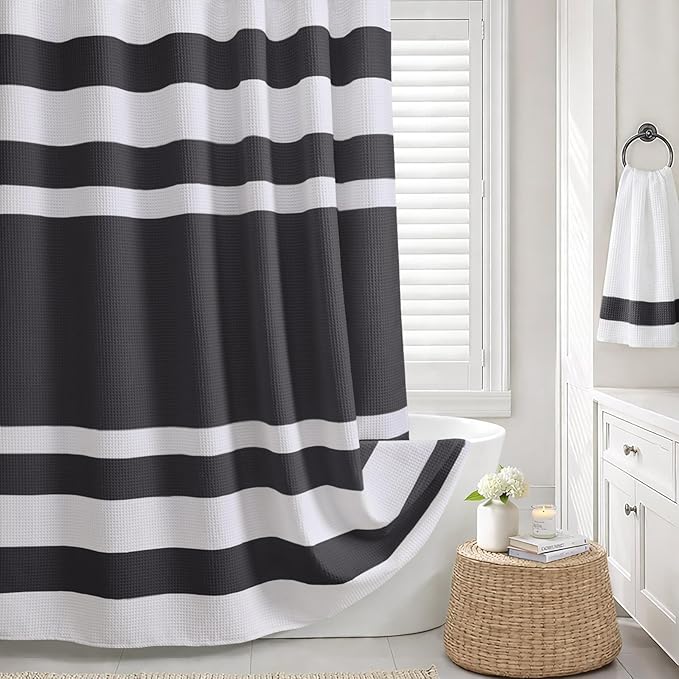 Dark Grey Shower Curtain Cotton Waffle Stripe Shower Curtains for Bathroom 72"x72"