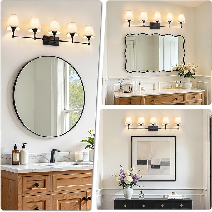 Modern Bathroom Vanity Light Fixtures: Matte Black Vanity Lights Over Mirror with Flared Fabric Shade, Farmhouse Bathroom Lighting Fixtures, 5 Light Wall Sconces Lights for Bedroom Hallway Living Room