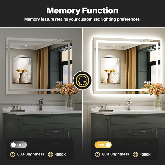 48x28 Inch LED Bathroom Mirror with Lights, Backlit & Front Lit, Anti-Fog Lighted Bathroom Vanity Mirror for Wall, Memory Function, Dimmable, HD Tempered Glass, Shatter-Proof