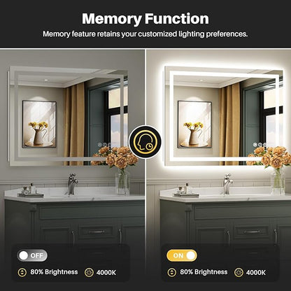 40x30 Inch LED Bathroom Mirror with Lights, Backlit & Front Lit, Anti-Fog Lighted Bathroom Vanity Mirror for Wall, Memory Function, Dimmable, HD Tempered Glass, Shatter-Proof