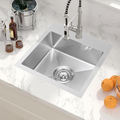 Drop-in Bar Sink 15"x15" Single Bowl: 3D Micro-pebble Embossed | 18-Gauge Stainless Steel Square Sink, 9" Deep, Top Mount, Anti-Condensation, for RV, Kitchenette