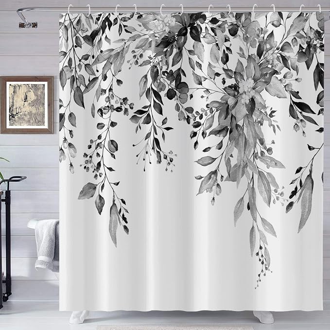 Eucalyptus Shower Curtain, Watercolor Black Leaves on The Top Plant with Floral Bathroom Curtain Bathtub Home Decor Waterproof Fabric Machine Washable with 12 Hooks